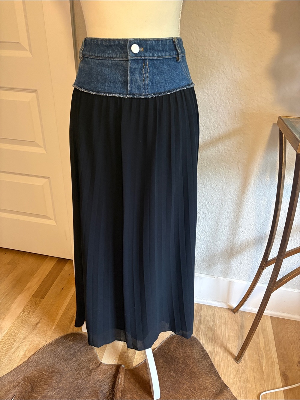 WD.NY Black Pleated Maxi Skirt with Denim Waistband